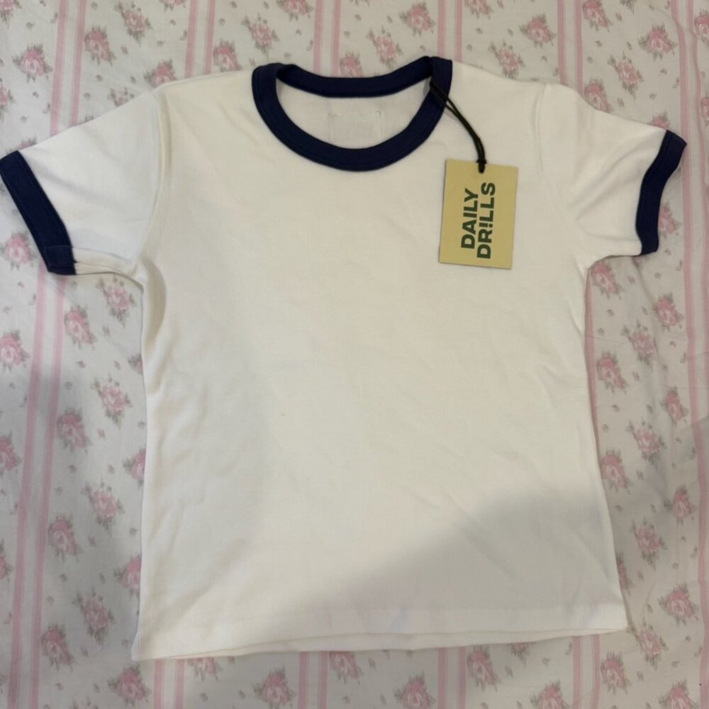 Daily Drills Ribbed Baby Tee with Navy Blue Trim NWT size M